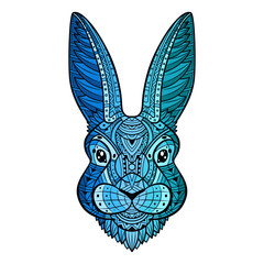 Rabbit headline art coloring. Hare bunny portrait. Line Art. Blue-green rabbit. Animal head. Hand-drawn with ethnic floral pattern. Boho, doodle style. Vector illustration. Isolated white background.