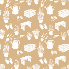 Light cute seamless pattern with silhouette flowerpot, pot, flower, garden tool, watering can, shovel, seed. Endless texture with monochrome white elements on beige background. Vector illustration.