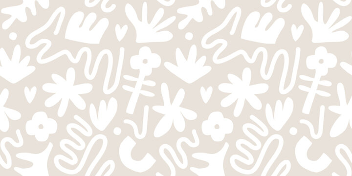Fototapeta Contemporary art collage with abstract shapes and flowers. Vector seamless pattern with Scandinavian cut out elements.