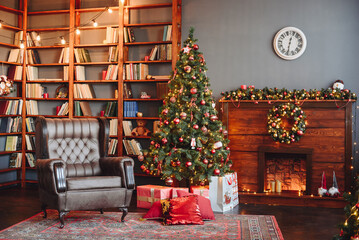 Fireplace, Christmas tree, Armchair, Carpet, Book library. New Year's Decor with red Christmas Toys
