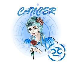 Zodiac sign Cancer. Portrait of a young lady with roses in the zodiac circle