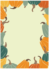 Fototapeta na wymiar Colorful frame with pumpkins in modern style. Abstract background of autumn nature. Artistic natural banner design.