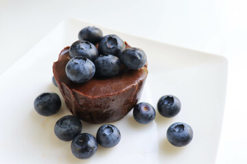 summer dessert. chocolate biscuit with blueberries on a white plate