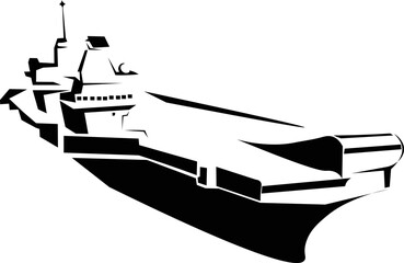 Black and White Cartoon Illustration Vector of an Abstract Military Plane Aircraft Carrier Warship