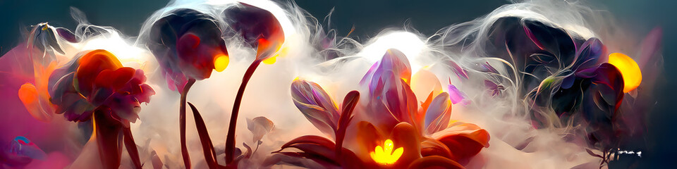 Artistic painting concept of glowing flowers out of mist, Creative Design Templates, Tender and dreamy design.