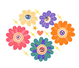 Fototapeta na wymiar Groovy retro style. Hippie elements. Psychedelic flowers with eyes. Vector illustration. Sticker, patch, t-shirt print