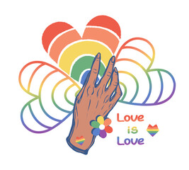 Hands holding hearts LGBT rainbow. Vector illustration. Sticker, patch, logo design, t-shirt print