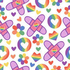 Vector illustration. Medical plaster, hearts, flowers, LGBT rainbow. Pattern. Light  background, wallpaper