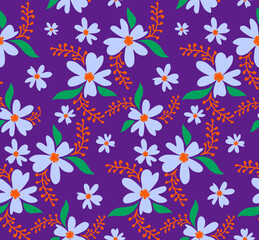 Fototapeta premium Abstract Hand Drawing Daisy Ditsy Retro Flowers and Leaves Seamless Vector Pattern Isolated Background