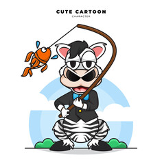 Cute cartoon character of zebra is fishing