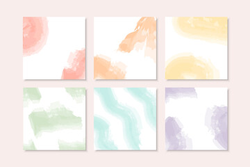 Set of minimalist design background in soft rainbow pastel color. Square abstract brush watercolor banner template for social media post, cover, poster, gift card, brochure, flyer, invitation, placard