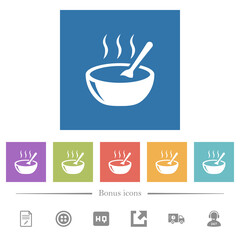 Glossy steaming bowl of soup with spoon flat white icons in square backgrounds