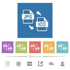 Fototapeta na wymiar JPG ICO file conversion flat white icons in square backgrounds