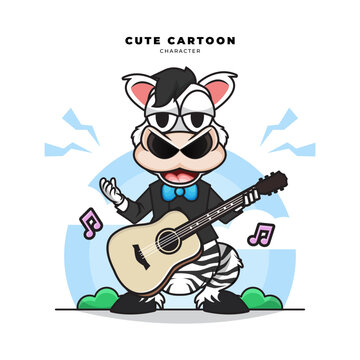 Cute cartoon character of zebra is playing guitar