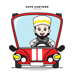 Cute cartoon character of muslim boy driving red car