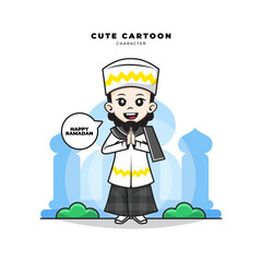 Cute cartoon character of muslim boy saying happy ramadan