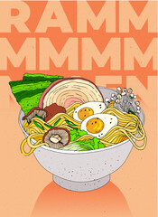 Vector illustration. Japanese ramen with wheat noodles, meat, egg, mushrooms, nori leaf and green onion