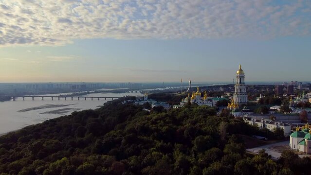 Kyivo-Pecherska Lavra and the Dnipro River , at sunrise time, taken with drone, Ukraine
