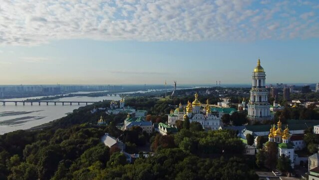 Kyivo-Pecherska Lavra and the Dnipro River , at sunrise time, taken with drone, Ukraine