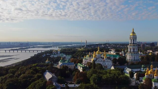 Kyivo-Pecherska Lavra and the Dnipro River , at sunrise time, taken with drone, Ukraine