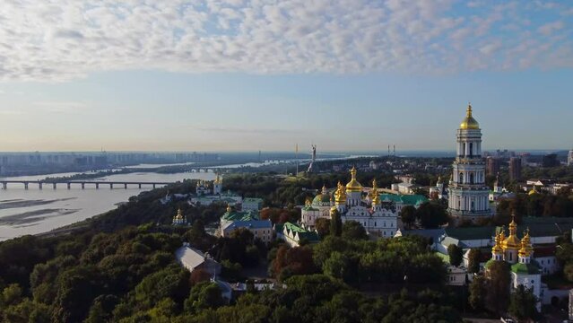 Kyivo-Pecherska Lavra and the Dnipro River , at sunrise time, taken with drone, Ukraine