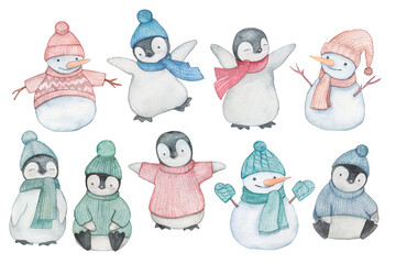 Penguins, snowmans Christmas watercolor set. Hand drawn watercolor winter Holydays illustration. Set of Christmas characters.