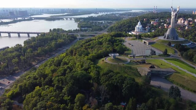 Kyivo-Pecherska Lavra and the Dnipro River , at sunrise time, taken with drone, Ukraine
