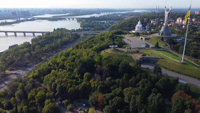 Kyivo-Pecherska Lavra and the Dnipro River , at sunrise time, taken with drone, Ukraine