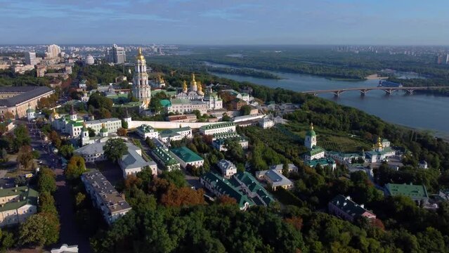 Kyivo-Pecherska Lavra and the Dnipro River , at sunrise time, taken with drone, Ukraine