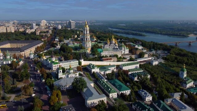 Kyivo-Pecherska Lavra and the Dnipro River , at sunrise time, taken with drone, Ukraine
