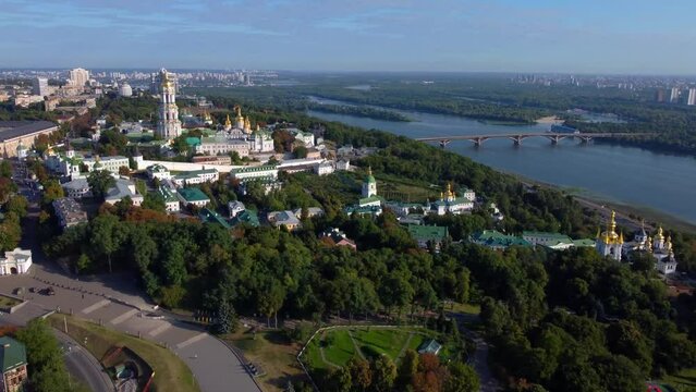 Kyivo-Pecherska Lavra and the Dnipro River , at sunrise time, taken with drone, Ukraine