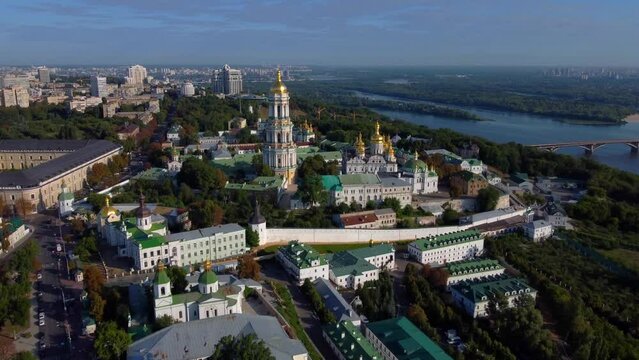 Kyivo-Pecherska Lavra and the Dnipro River , at sunrise time, taken with drone, Ukraine