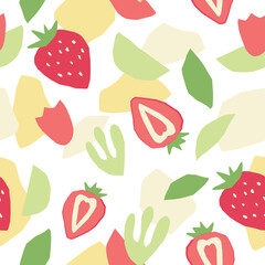 Abstract seamless pattern with floral elements and strawberry. Vector wallpaper on a white background. Perfect for textiles or surface design