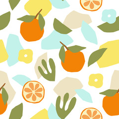 Obraz premium Abstract seamless pattern with floral elements and tangerine. Vector wallpaper on a white background. Perfect for textiles or surface design