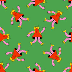 square vector seamless pattern-christmas bell.1970 good vibes.Funky and groovy 1960 psychedelic new year.Vibrant winter party.Crazy cartoon character.Retro funny christmas holiday ornament	