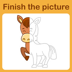Connect the dot and complete the picture. Simple coloring book of horse. Drawing game for children