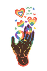 Vector illustration. In the hands of various hearts, flowers, LGBT rainbow. Sticker, patch, logo design, t-shirt print