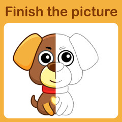 Connect the dot and complete the picture. Simple coloring book of dog. Drawing game for children