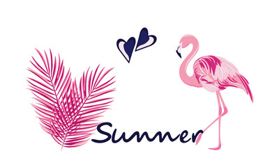 Summer banner with flamingo, palm leaves and summer lettering. Isolated on white background.