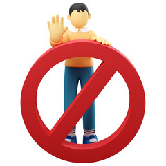 3D illustration man showing stop gesture with red prohibited sign