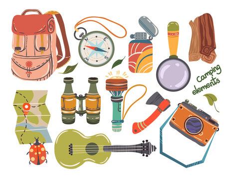 Vector Illustration. Summer Camp. Composition With Various Travel Items. Postcards, Stickers