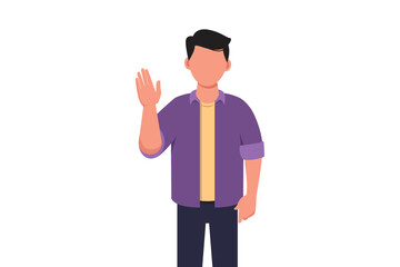 Business flat drawing young businessman showing palm as stop sign, stay, hold or rejection gesture. Male manager gesturing emotion and body language concept. Cartoon draw graphic vector illustration