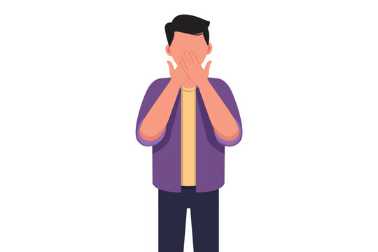 recommend clip art: Business concept flat style businessman covering mouth with hands. Male mouth, hand shocked with shame for mistake, expression of fear, scared in silence, secret. Graphic design vector illustration