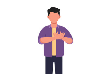 Business concept design young businessman keeping hands on chest. Male suffering from chest pain or heart attack. Health care concept. Emotion and body language. Vector illustration flat cartoon style