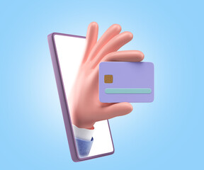 Concept of online bank services Smartphone with bank plastic card in hand 3d render illustration on blue background