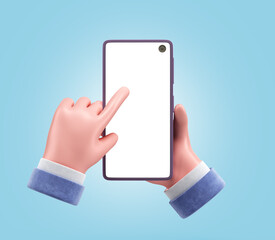 Hand with empty screen smartphone click on screen 3d render on blue
