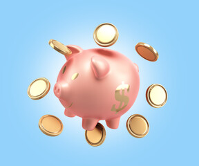 bank services concept safety accumulation of funds piggy bank with coins 3d render on blue gradient