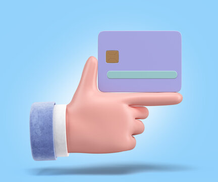 simple icon hand with credit card 3d render on blue gradient