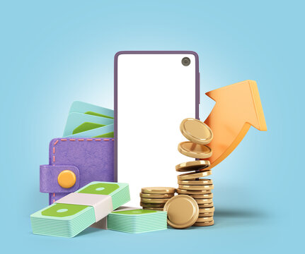 Сoncept of accumulation of funds smartphone with credit card and bills 3d render illustration on blue background