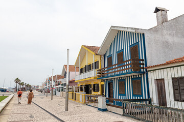 Costa Nova do Prado, Portugal. The famous colored wooden houses known as palheiros